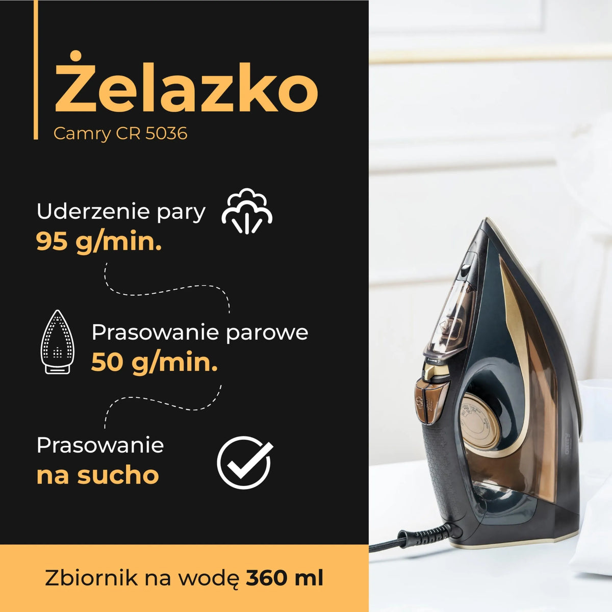 „Camry“ CR5036 garinis lygintuvas su keraminiu padu, 3400 W, savaiminio išsivalymo funkcija, automatinis išjungimas, apsauga nuo lašėjimo