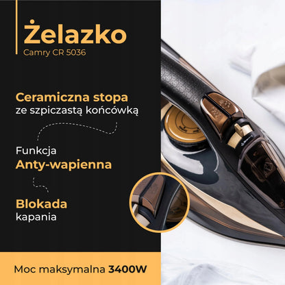 „Camry“ CR5036 garinis lygintuvas su keraminiu padu, 3400 W, savaiminio išsivalymo funkcija, automatinis išjungimas, apsauga nuo lašėjimo