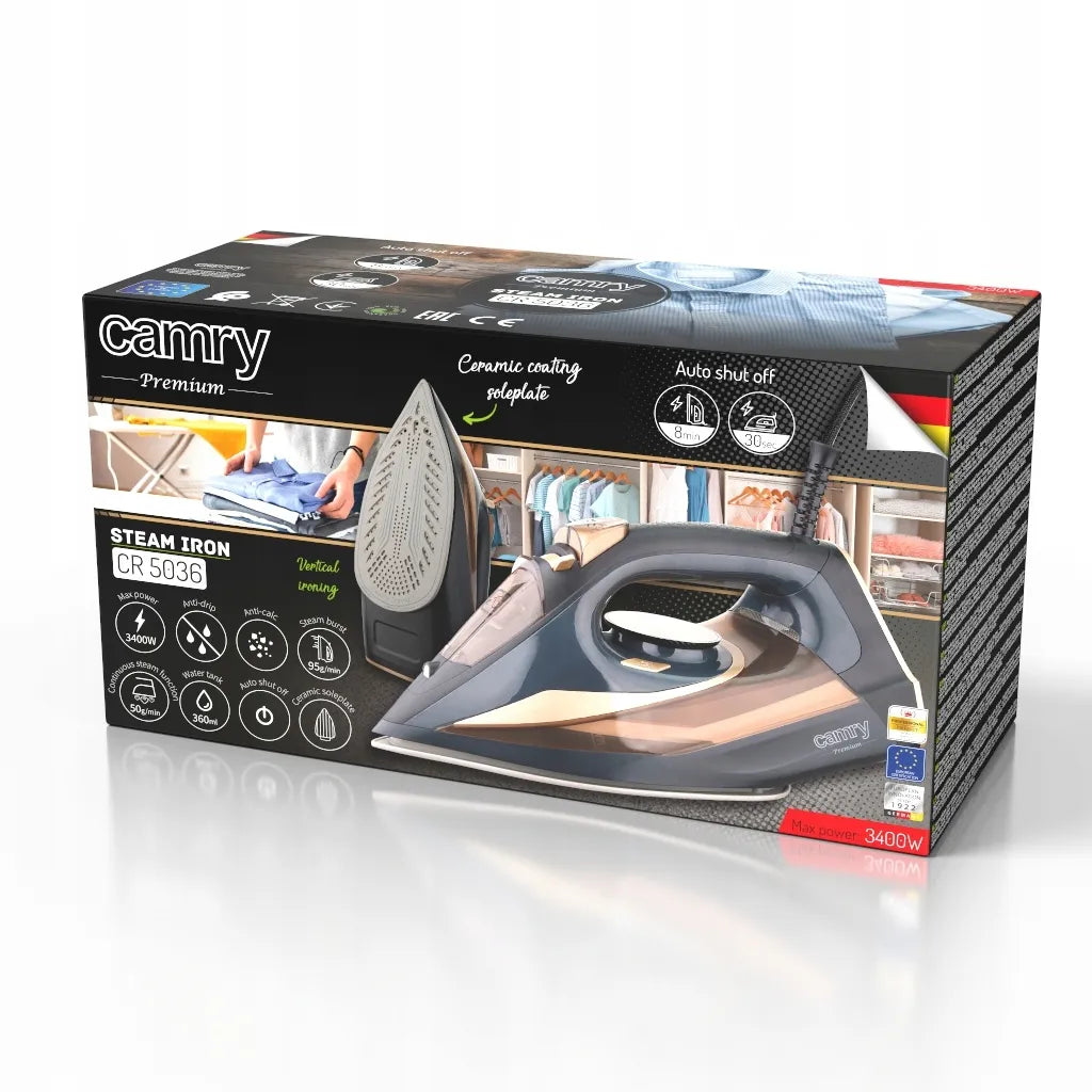„Camry“ CR5036 garinis lygintuvas su keraminiu padu, 3400 W, savaiminio išsivalymo funkcija, automatinis išjungimas, apsauga nuo lašėjimo