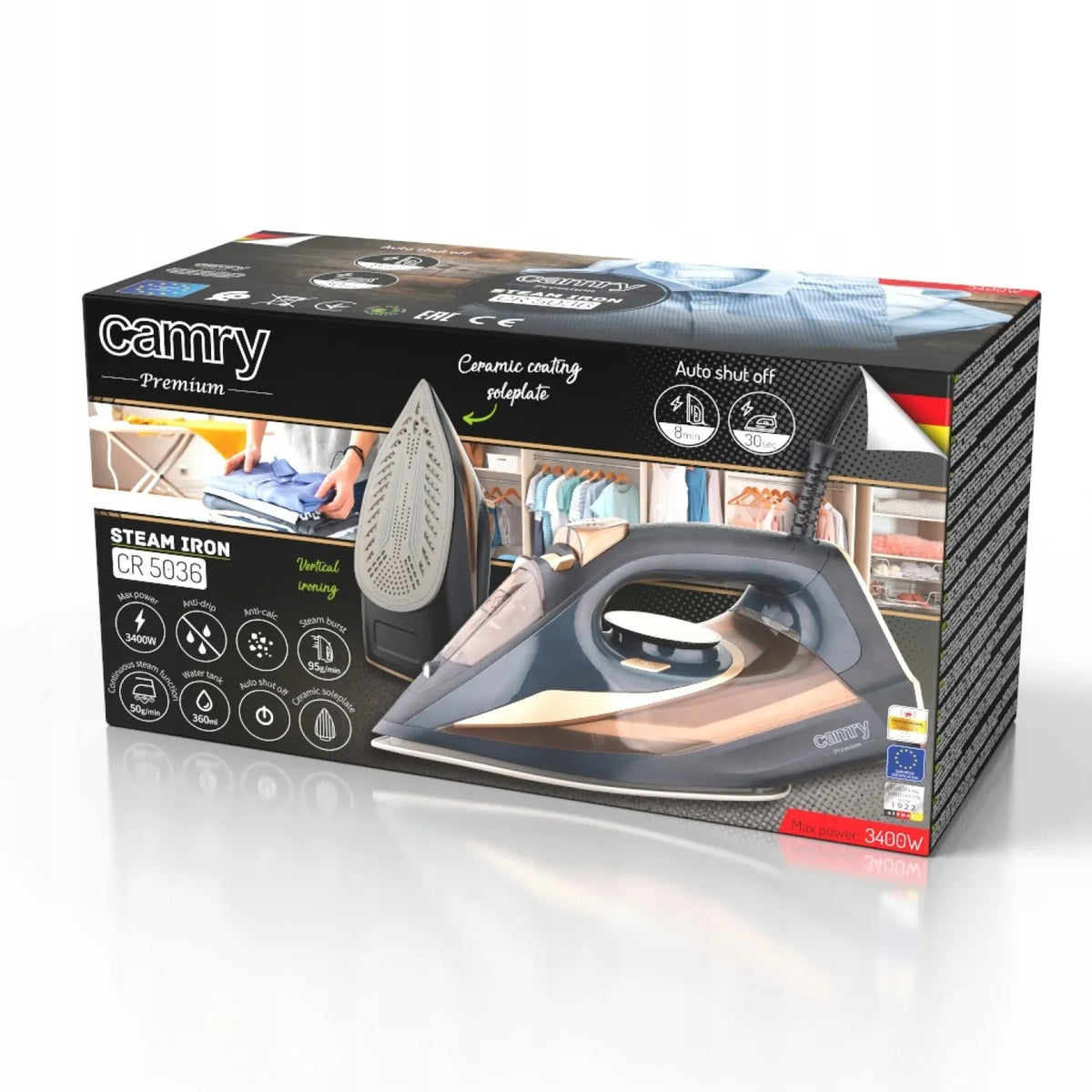 „Camry CR5036“ keraminis garinis lygintuvas, 3400 W, su savaiminio išsivalymo funkcija ir apsauga nuo lašėjimo
