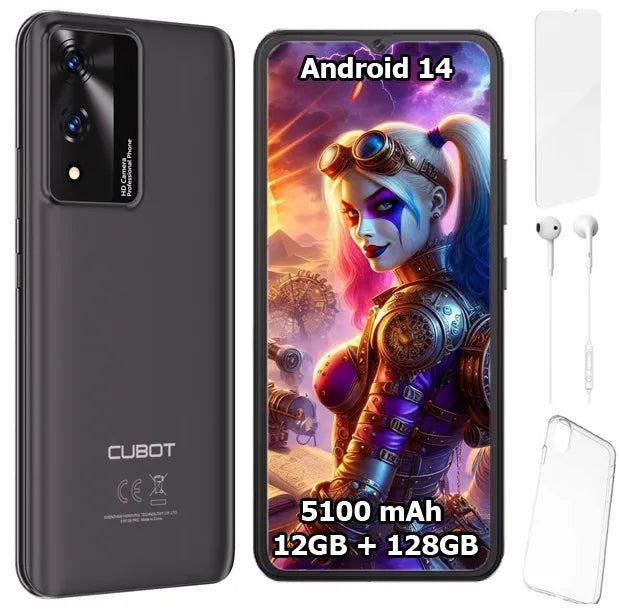 „Cubot A10“ išmanusis telefonas, 6,56″, 12/128 GB, „Dual SIM“, LTE, „Android 14“ + dėklas + apsauginė plėvelė