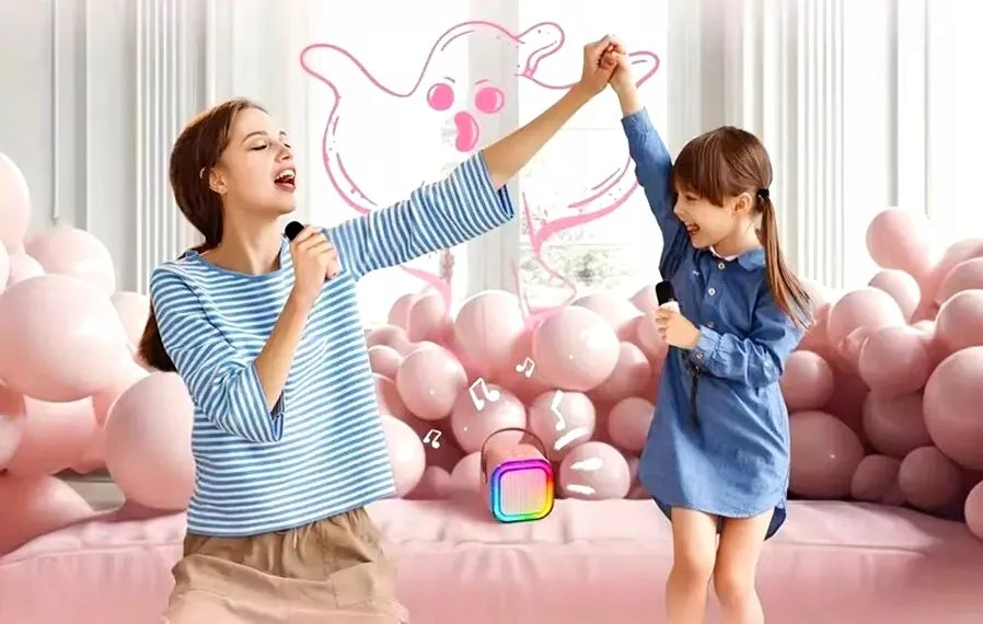 Belaidis nešiojamas karaoke rinkinys, 2x mikrofonas + Bluetooth RGB garsiakalbis