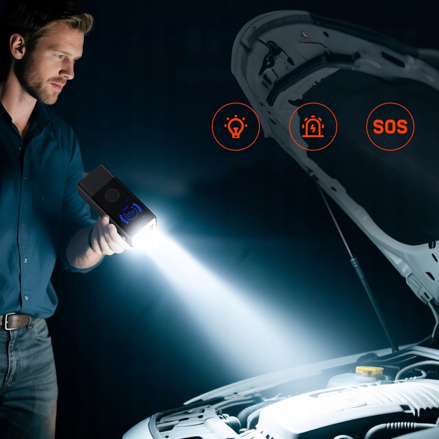 JUMP STARTER 4w1 AUTOMOBILIO UŽVEDIMAS KOMPRESORIUS POWERBANK ŽIBINTUVĖLIS LCD EKRANAS