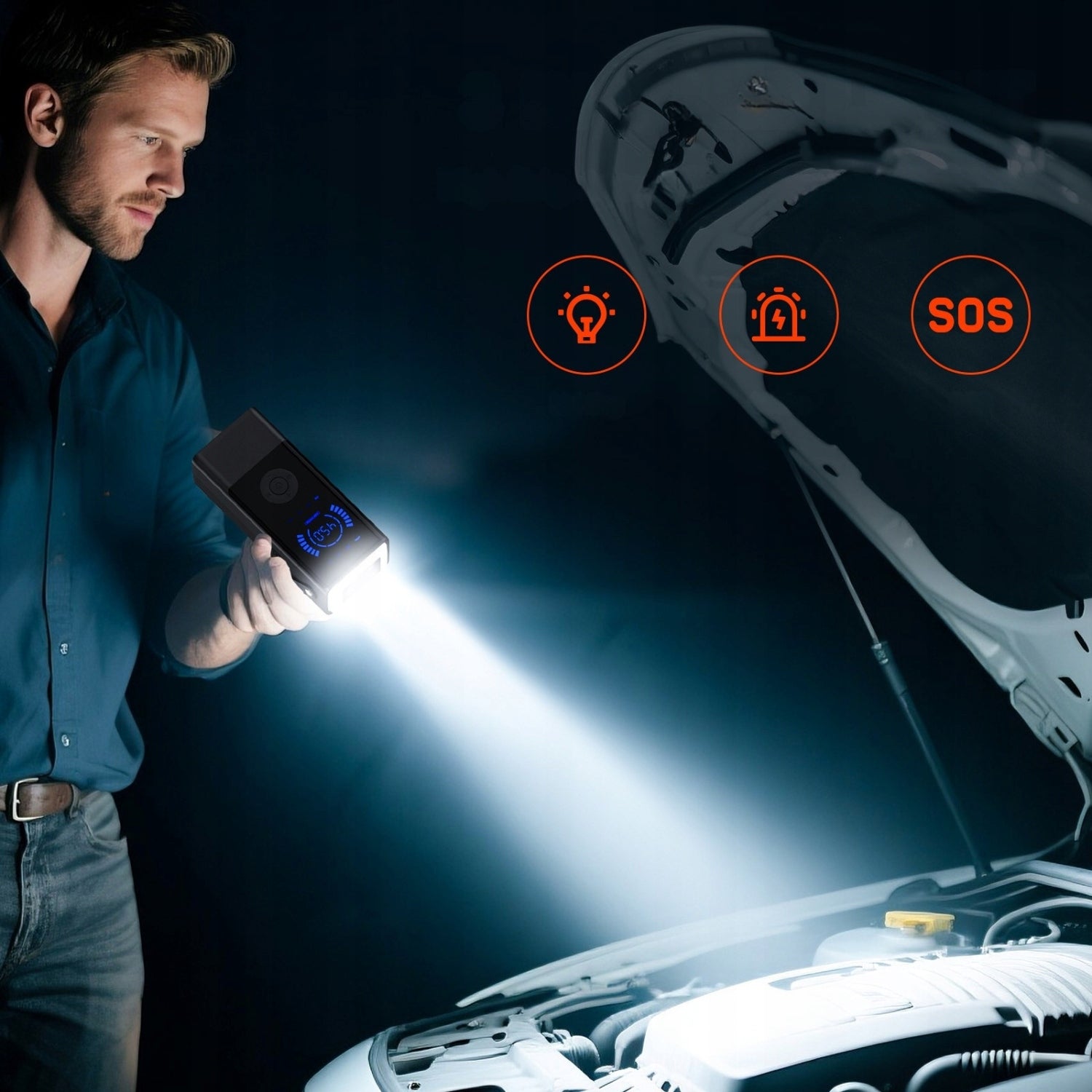 JUMP STARTER 4w1 AUTOMOBILIO UŽVEDIMAS KOMPRESORIUS POWERBANK ŽIBINTUVĖLIS LCD EKRANAS