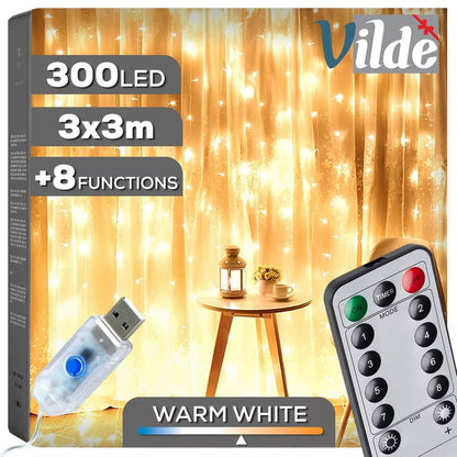 Dekoracinė LED šviesų užuolaida langui, šilta balta šviesa, 300 LED, 3x3m su pulteliu