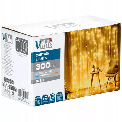 Dekoracinė LED šviesų užuolaida langui, šilta balta šviesa, 300 LED, 3x3m su pulteliu