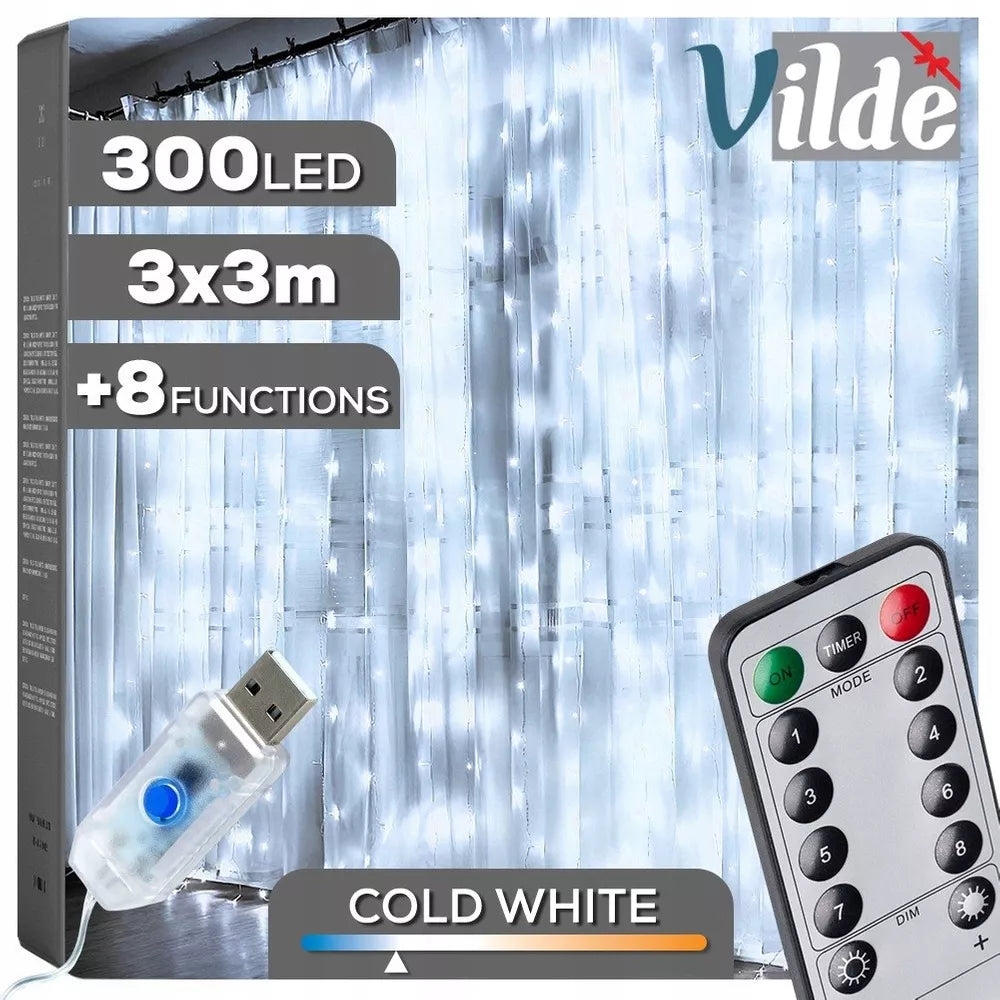 Dekoratyvinė šviečianti užuolaida 300 LED, šaltai balta, 3x3m su pulteliu