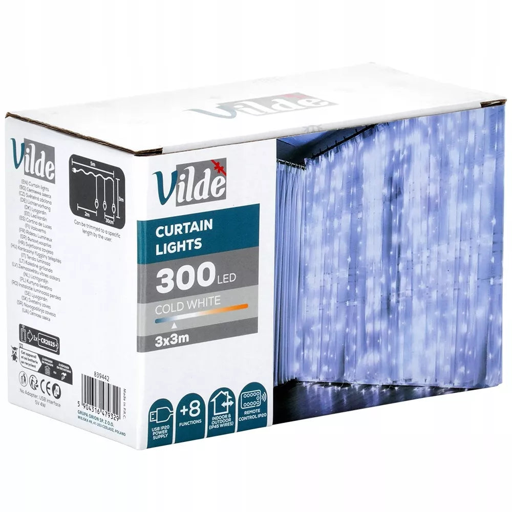 Dekoratyvinė šviečianti užuolaida 300 LED, šaltai balta, 3x3m su pulteliu