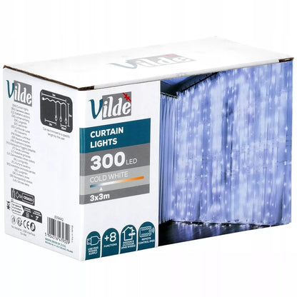Dekoratyvinė šviečianti užuolaida 300 LED, šaltai balta, 3x3m su pulteliu