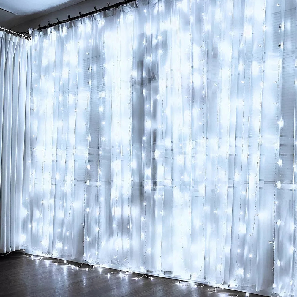 Dekoratyvinė šviečianti užuolaida 300 LED, šaltai balta, 3x3m su pulteliu