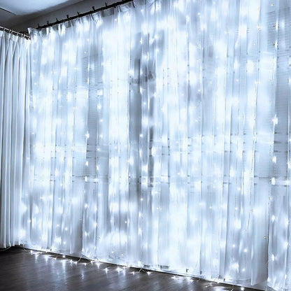 Dekoratyvinė šviečianti užuolaida 300 LED, šaltai balta, 3x3m su pulteliu