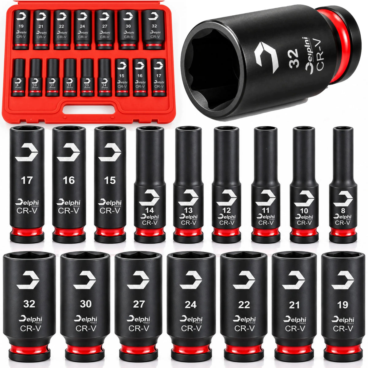 Delphi Tools ilgos smūginės galvutės 1/2″, 8–32 mm, 16 vnt.