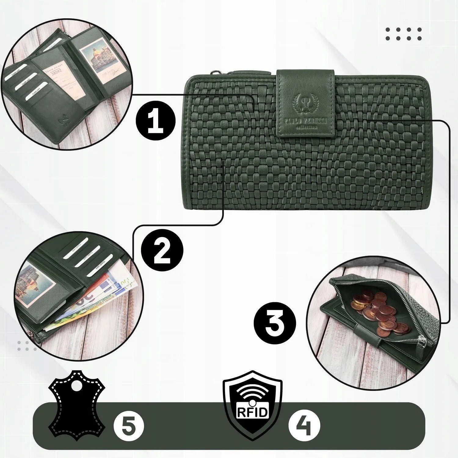 Didelė moteriška piniginė Paolo Peruzzi, rankų darbo, tamsiai žalia su RFID apsauga