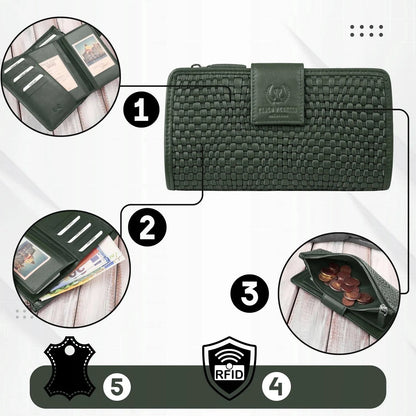 Didelė moteriška piniginė Paolo Peruzzi, rankų darbo, tamsiai žalia su RFID apsauga