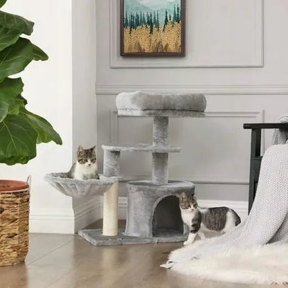 Didelė pilka kačių draskyklė „BestHurt“ su nameliu ir guoliu, 3 lygiai, 80 cm