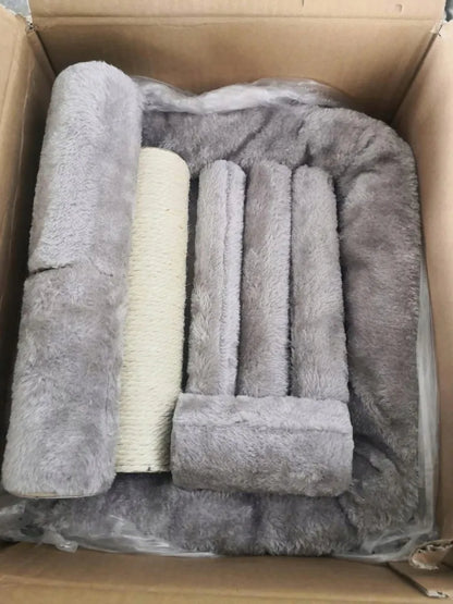 Didelė pilka kačių draskyklė „BestHurt“ su nameliu ir guoliu, 3 lygiai, 80 cm