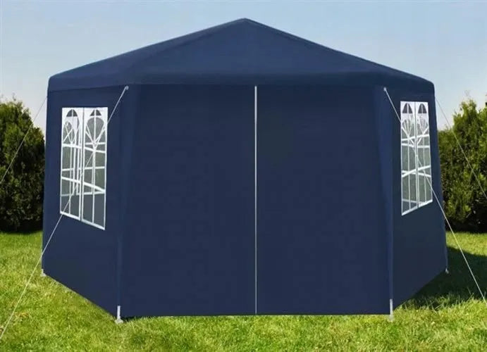 DIDELĖ SODO PALAPINĖ-PAVILJONAS 6 sienelės MĖLYNAS 4x4m HEXAGON su langais