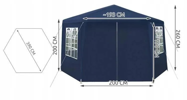 DIDELĖ SODO PALAPINĖ-PAVILJONAS 6 sienelės MĖLYNAS 4x4m HEXAGON su langais