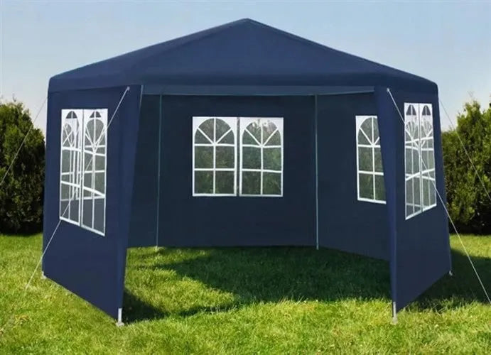DIDELĖ SODO PALAPINĖ-PAVILJONAS 6 sienelės MĖLYNAS 4x4m HEXAGON su langais