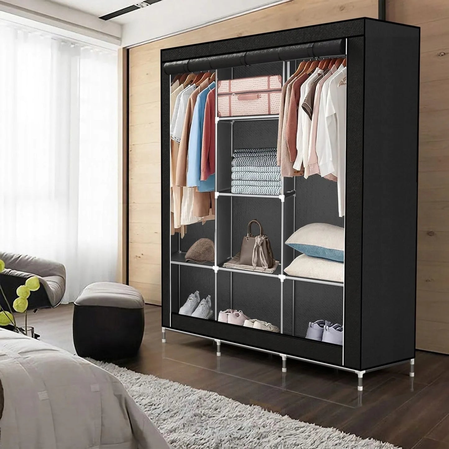 Didelė surenkama medžiaginė spinta 130x45x170 drabužinė lentyna