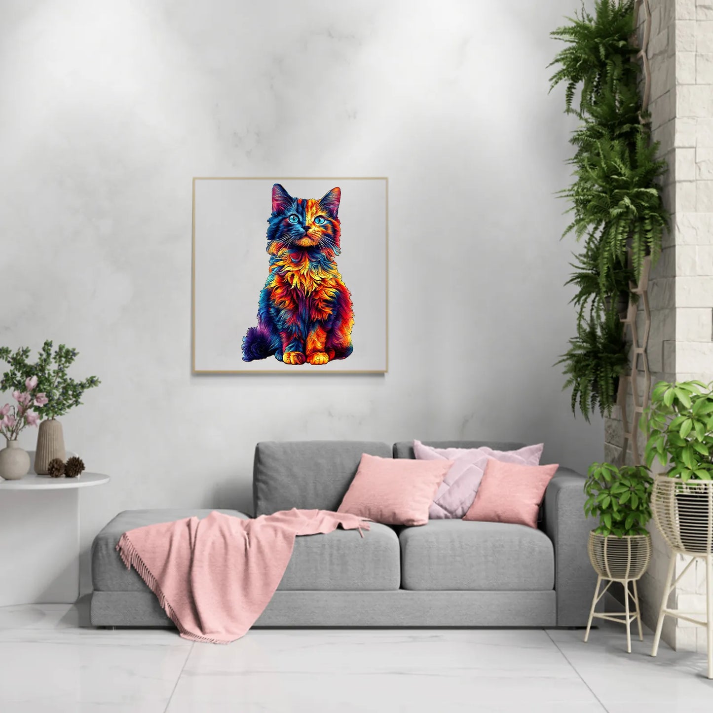 DIDELĖS MEDINĖS DĖLIONĖS 195 DETALĖS MEDINĖJE DĖŽUTĖJE SPALVOTAS KATINAS