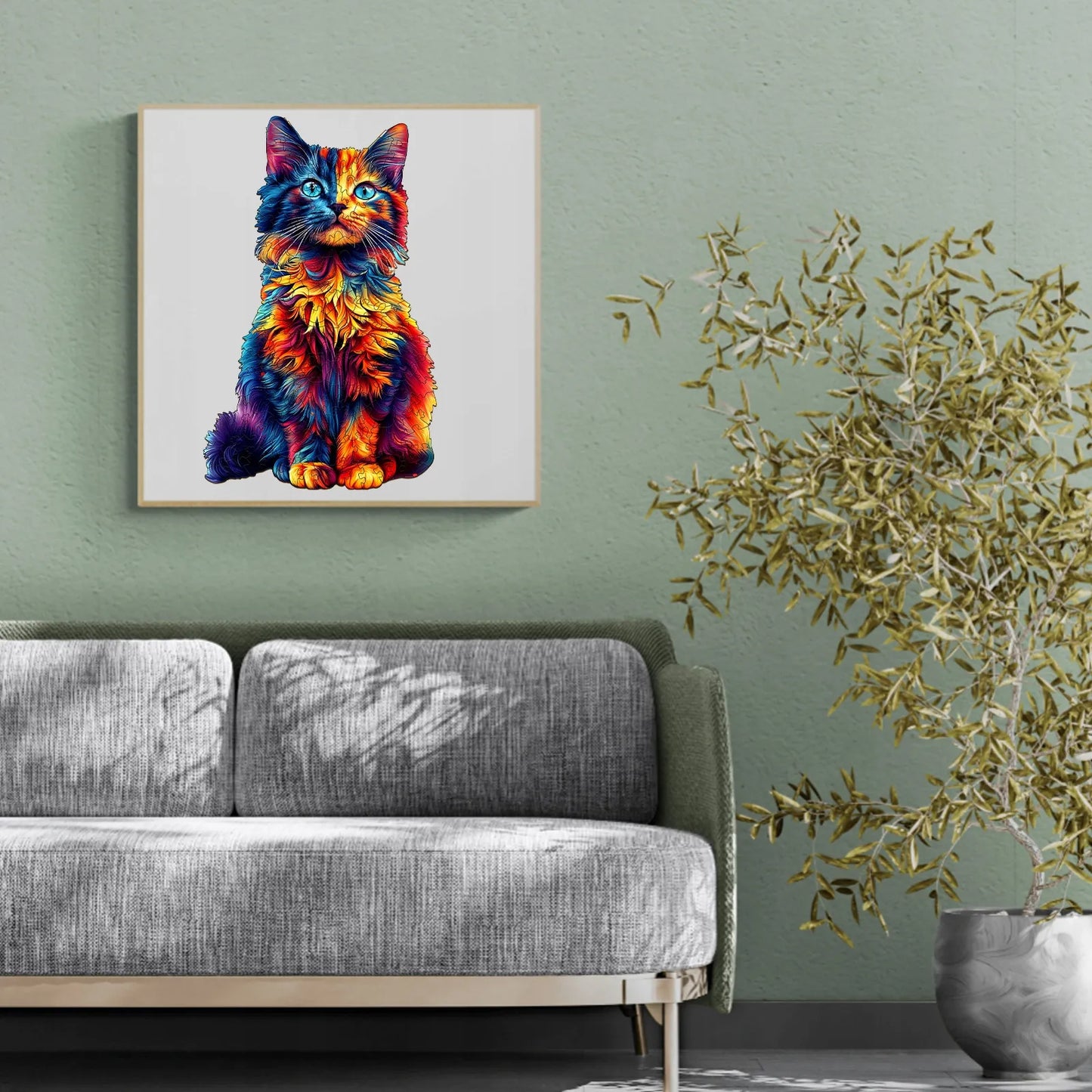 DIDELĖS MEDINĖS DĖLIONĖS 195 DETALĖS MEDINĖJE DĖŽUTĖJE SPALVOTAS KATINAS
