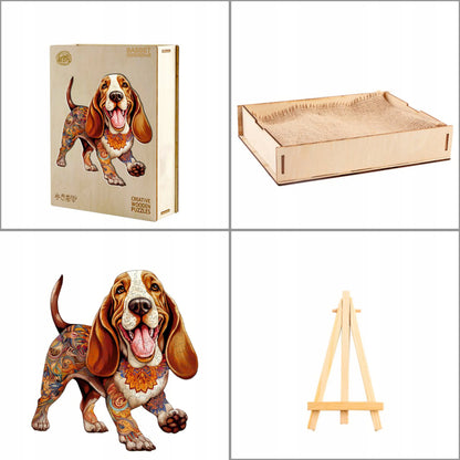 DIDELĖS MEDINĖS DĖLIONĖS 250 DETALIŲ BASSET HOUND MEDINĖJE DĖŽUTĖJE