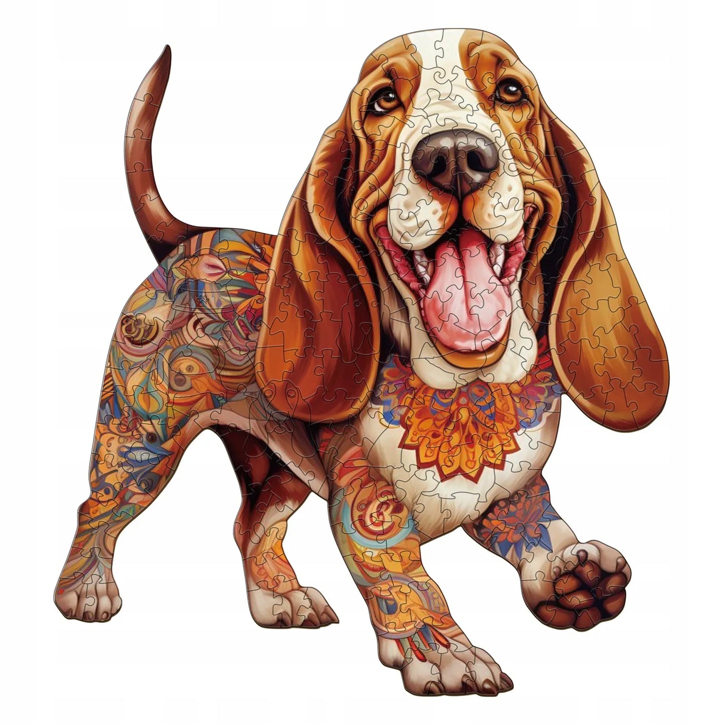 DIDELĖS MEDINĖS DĖLIONĖS 250 DETALIŲ BASSET HOUND MEDINĖJE DĖŽUTĖJE