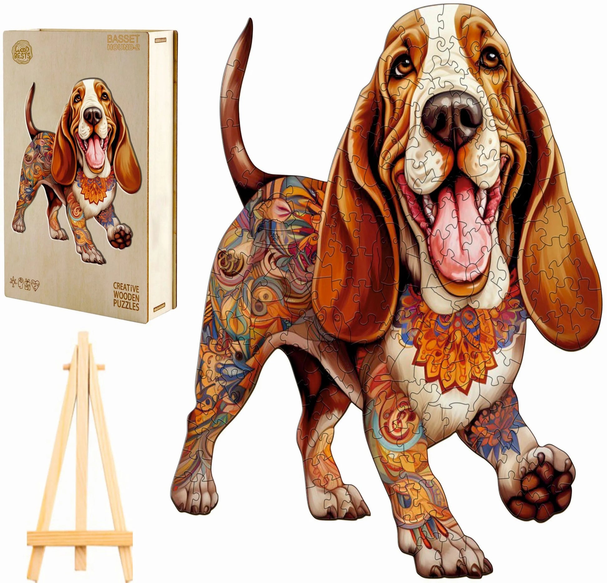 DIDELĖS MEDINĖS DĖLIONĖS 250 DETALIŲ BASSET HOUND MEDINĖJE DĖŽUTĖJE