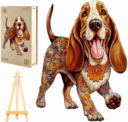 DIDELĖS MEDINĖS DĖLIONĖS 250 DETALIŲ BASSET HOUND MEDINĖJE DĖŽUTĖJE