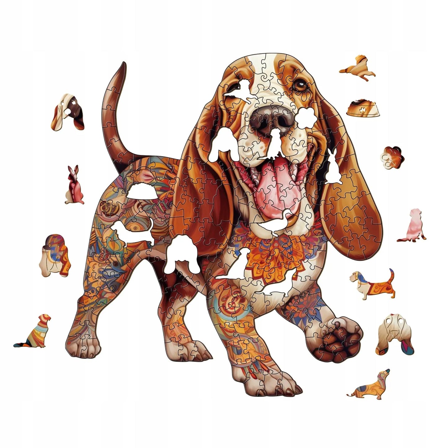 DIDELĖS MEDINĖS DĖLIONĖS 250 DETALIŲ BASSET HOUND MEDINĖJE DĖŽUTĖJE