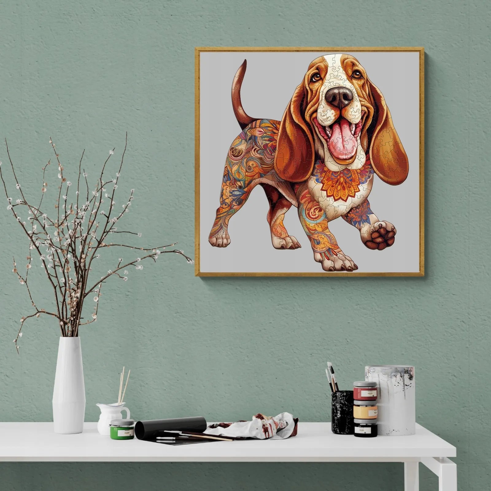 DIDELĖS MEDINĖS DĖLIONĖS 250 DETALIŲ BASSET HOUND MEDINĖJE DĖŽUTĖJE