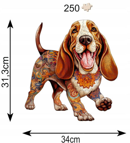 DIDELĖS MEDINĖS DĖLIONĖS 250 DETALIŲ BASSET HOUND MEDINĖJE DĖŽUTĖJE