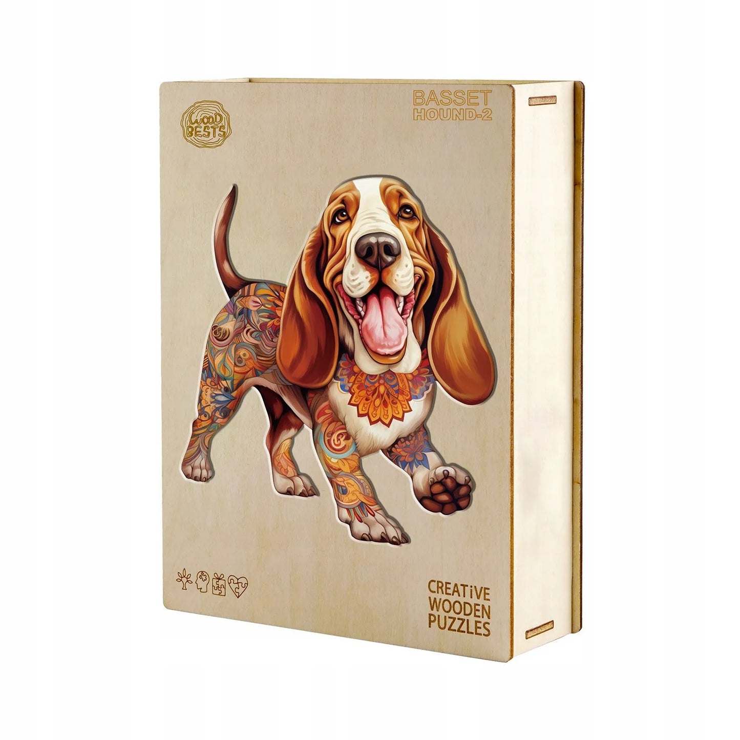 DIDELĖS MEDINĖS DĖLIONĖS 250 DETALIŲ BASSET HOUND MEDINĖJE DĖŽUTĖJE