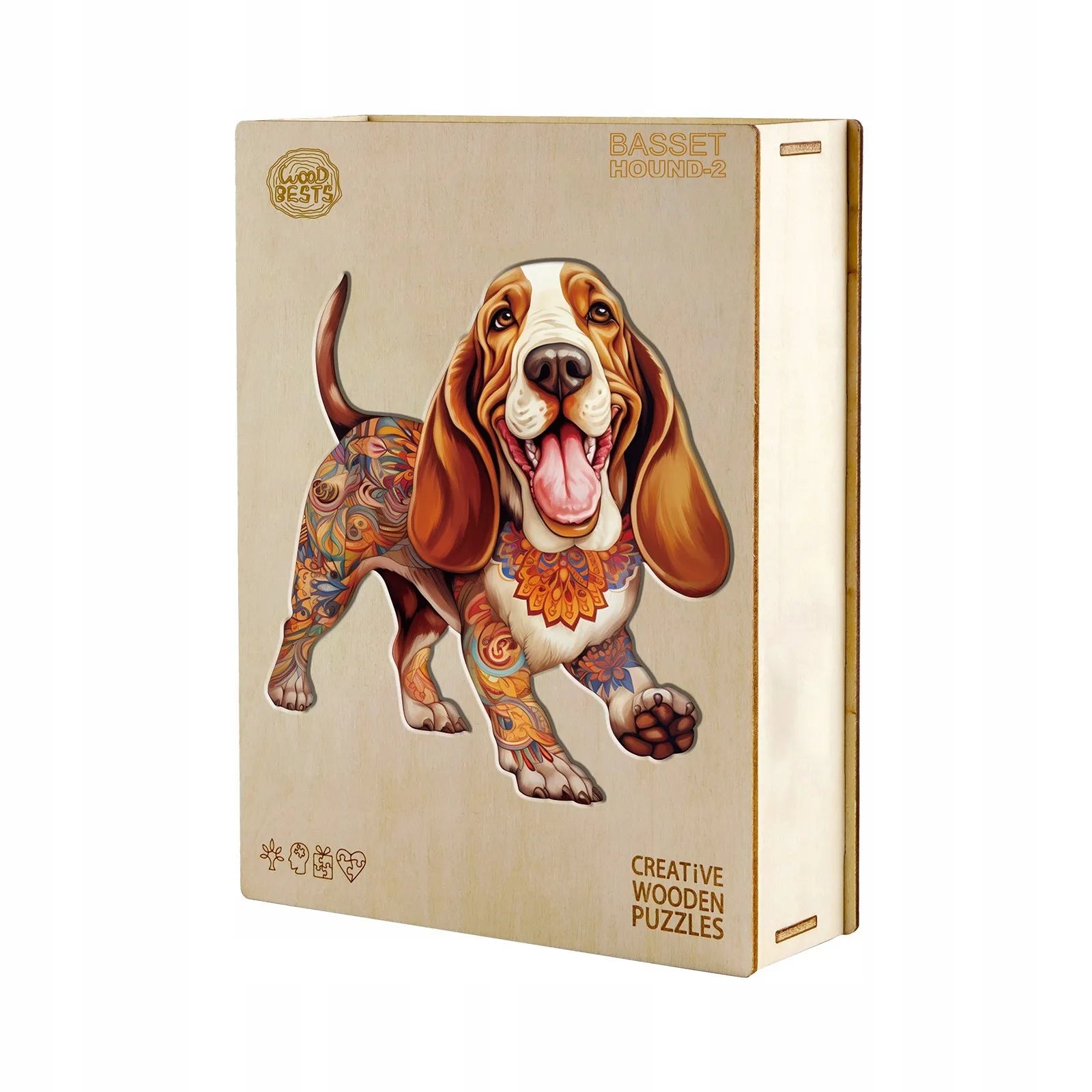 DIDELĖS MEDINĖS DĖLIONĖS 250 DETALIŲ BASSET HOUND MEDINĖJE DĖŽUTĖJE