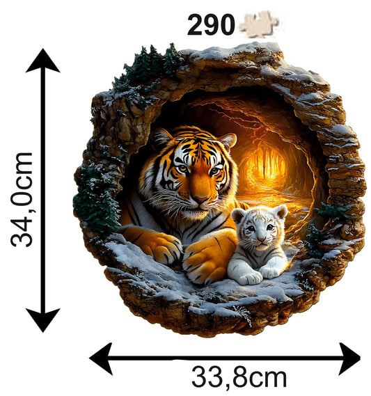 DIDELĖS MEDINĖS DĖLIONĖS 290 DETALIŲ MEDINĖJE DĖŽUTĖJE TIGRŲ ŠEIMA