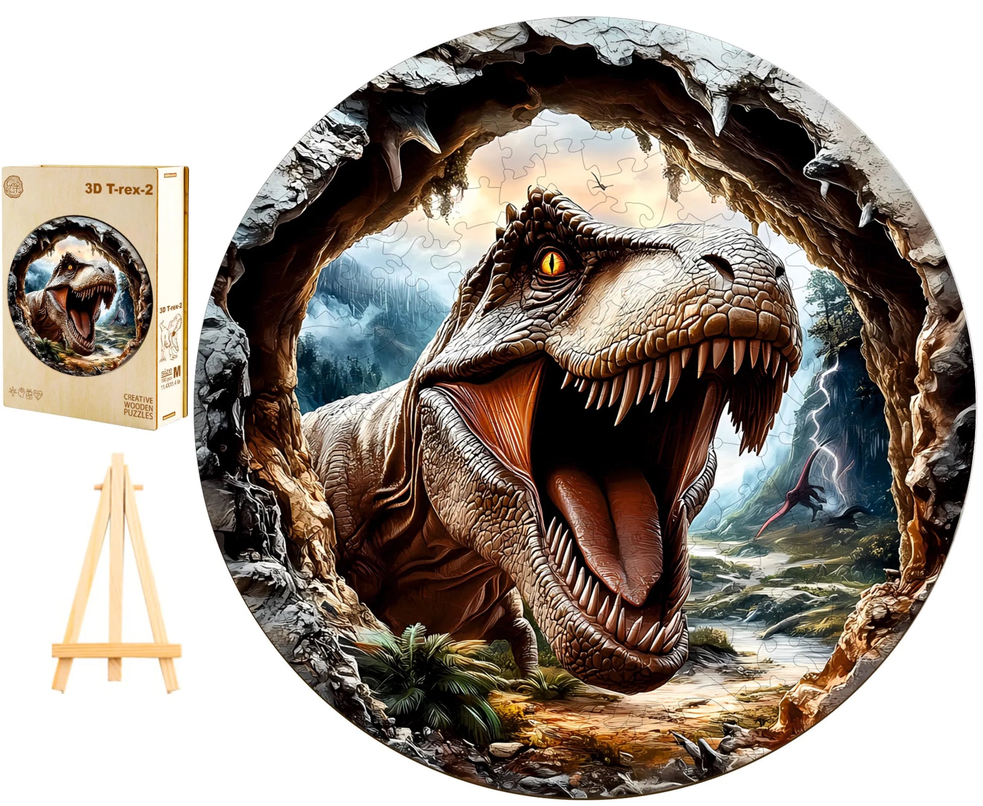 DIDELĖS MEDINĖS DĖLIONĖS 290 ELEMENTŲ MEDINĖJE DĖŽUTĖJE T-REX DINOZAURAS 3D