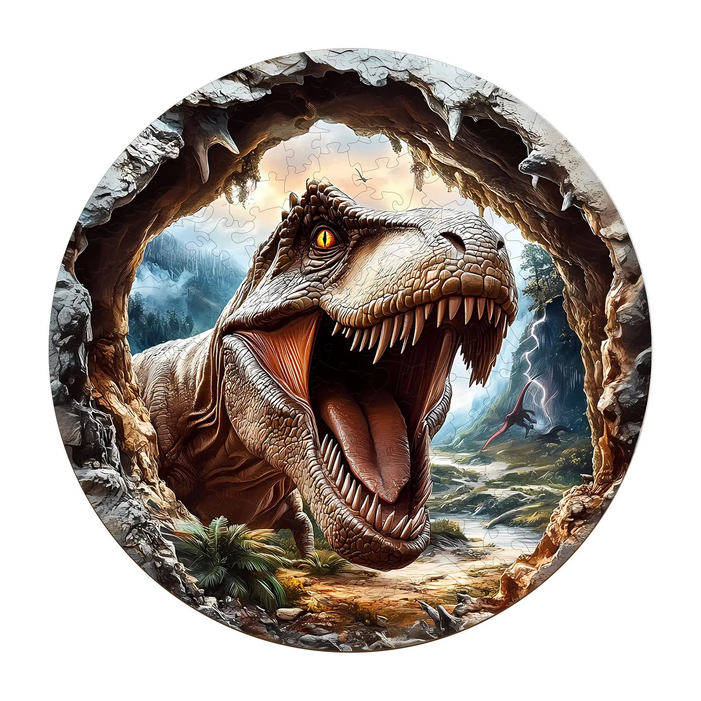DIDELĖS MEDINĖS DĖLIONĖS 290 ELEMENTŲ MEDINĖJE DĖŽUTĖJE T-REX DINOZAURAS 3D