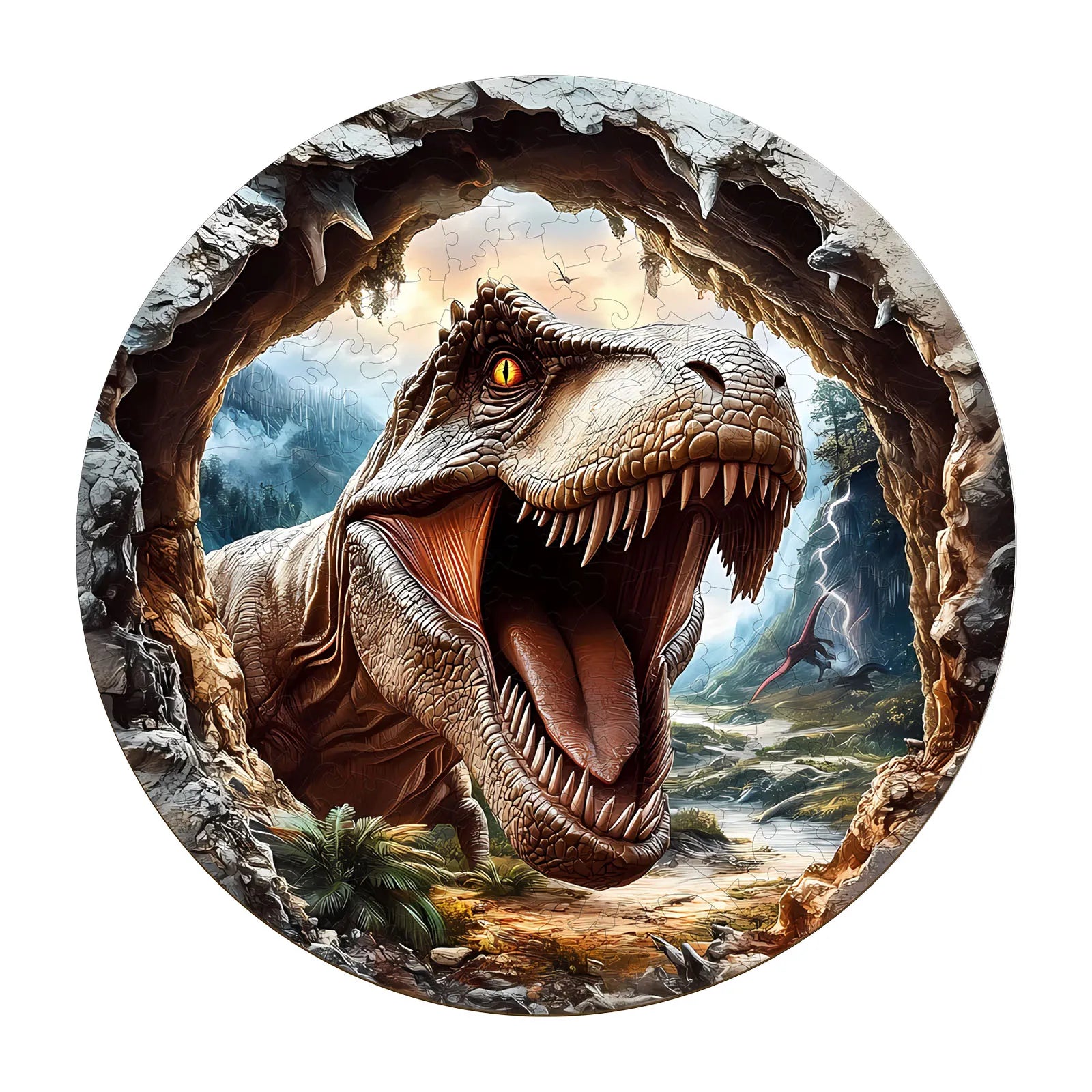 DIDELĖS MEDINĖS DĖLIONĖS 290 ELEMENTŲ MEDINĖJE DĖŽUTĖJE T-REX DINOZAURAS 3D