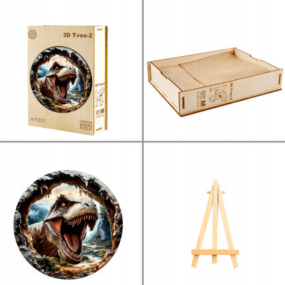 DIDELĖS MEDINĖS DĖLIONĖS 290 ELEMENTŲ MEDINĖJE DĖŽUTĖJE T-REX DINOZAURAS 3D