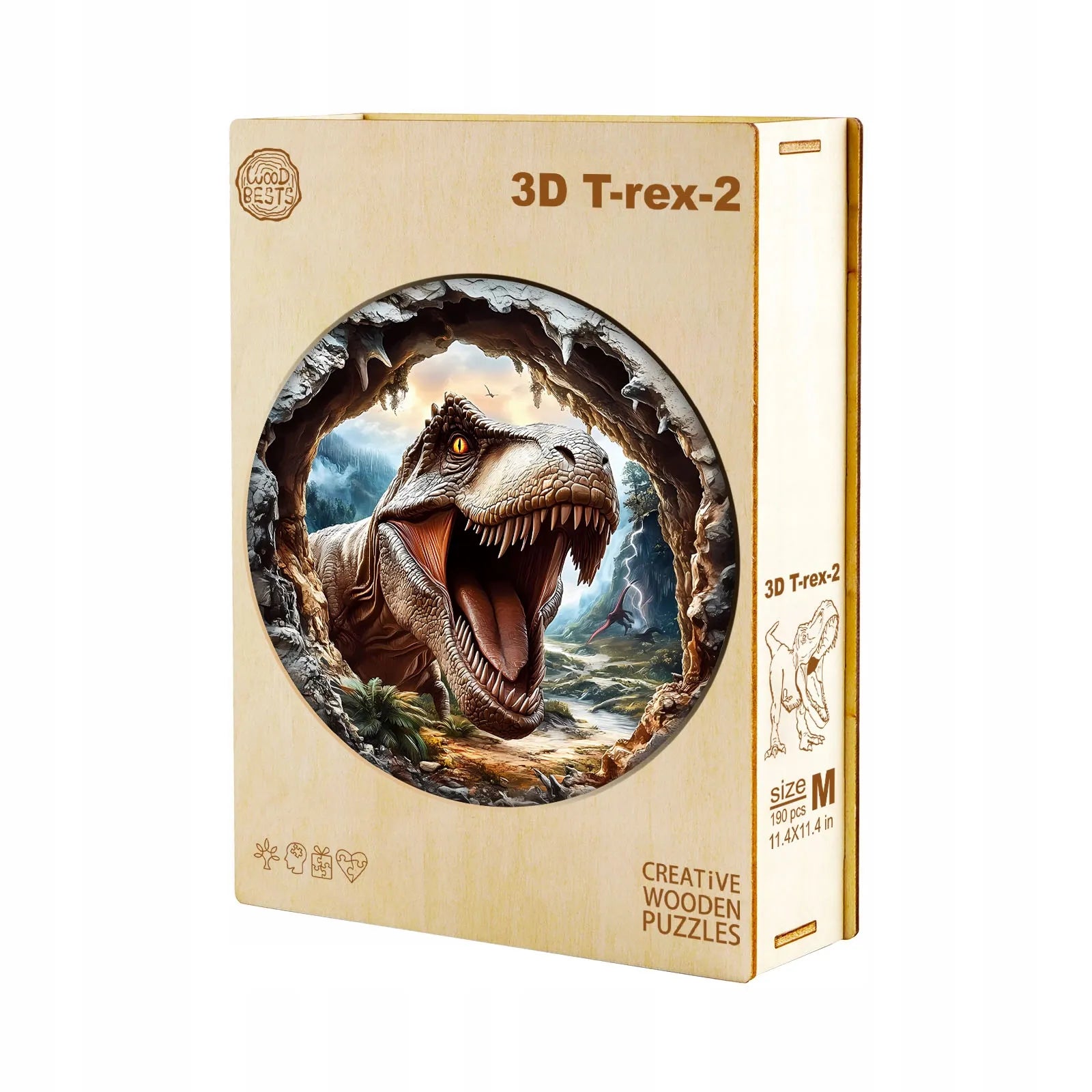 DIDELĖS MEDINĖS DĖLIONĖS 290 ELEMENTŲ MEDINĖJE DĖŽUTĖJE T-REX DINOZAURAS 3D