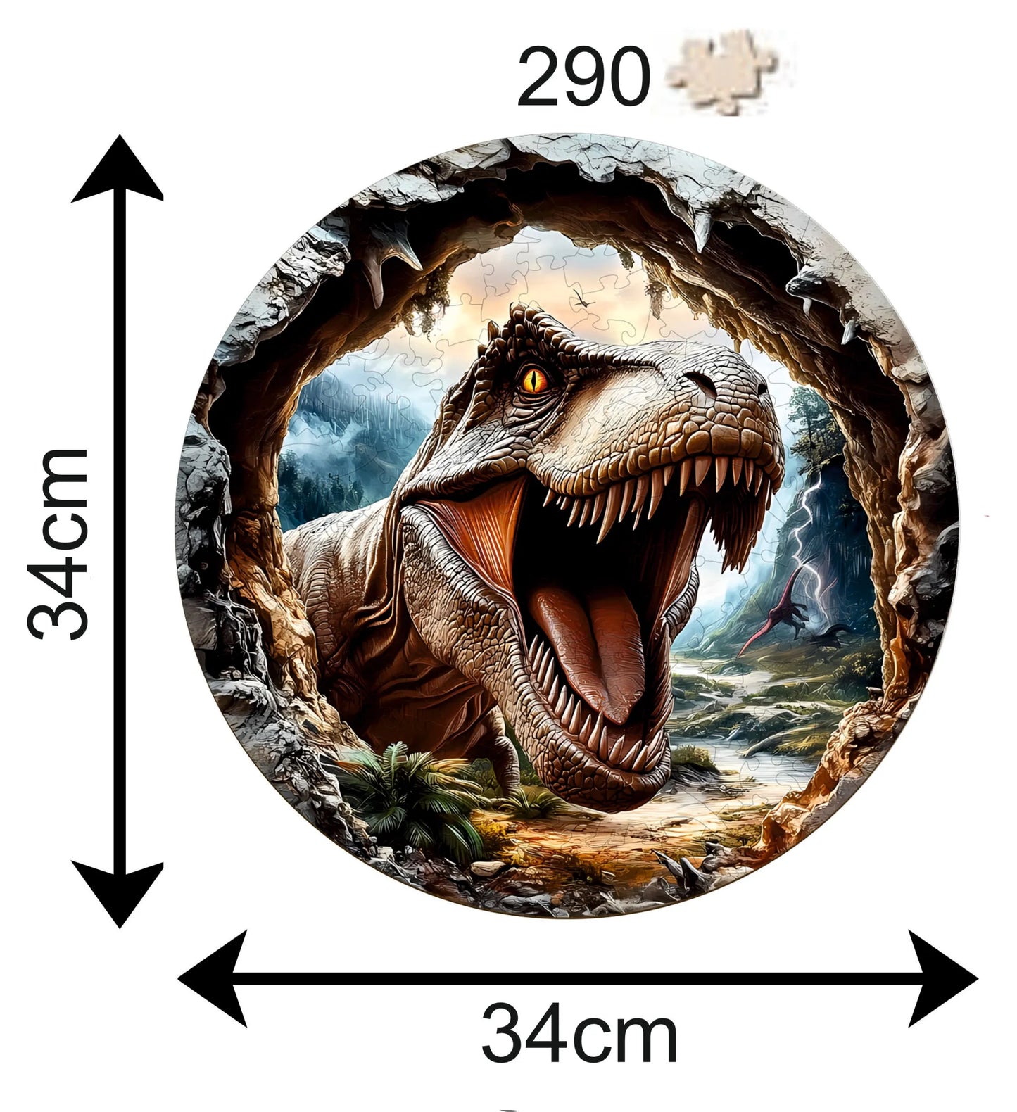 DIDELĖS MEDINĖS DĖLIONĖS 290 ELEMENTŲ MEDINĖJE DĖŽUTĖJE T-REX DINOZAURAS 3D