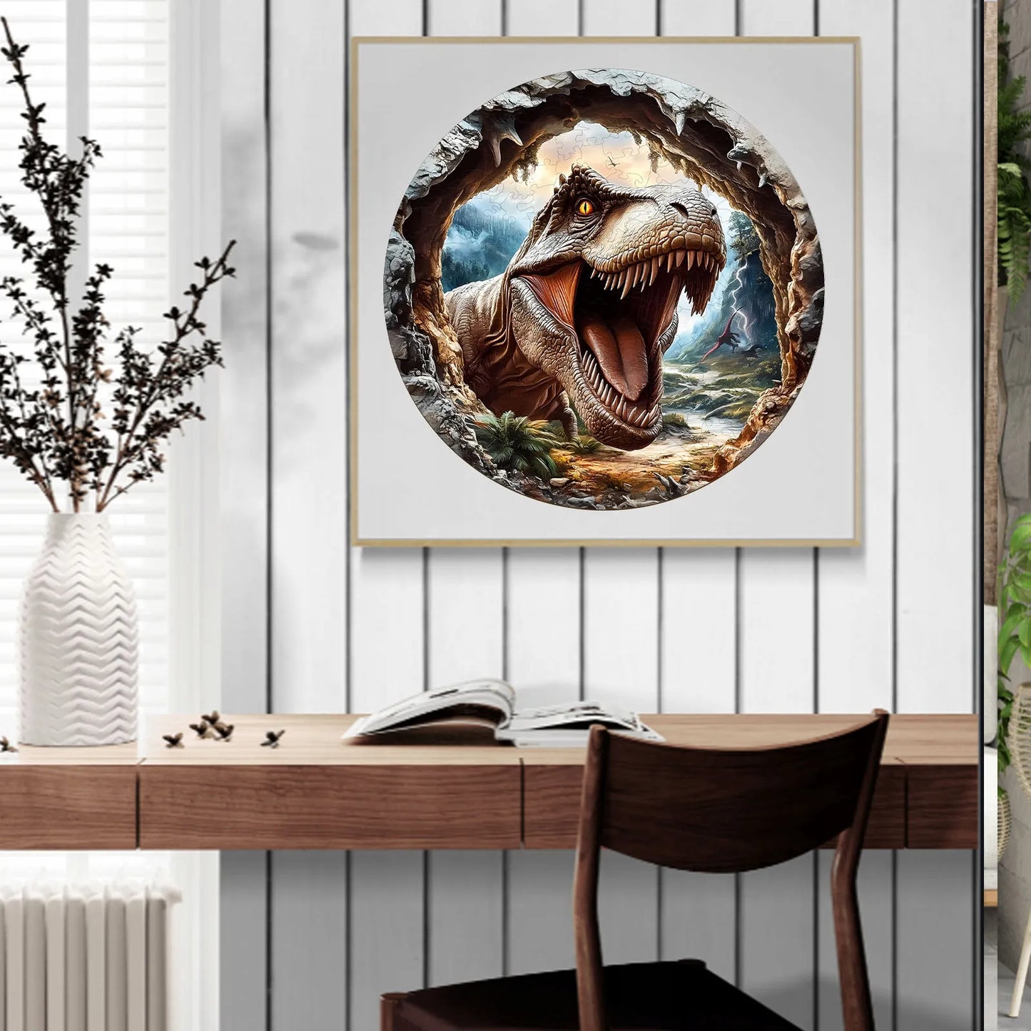 DIDELĖS MEDINĖS DĖLIONĖS 290 ELEMENTŲ MEDINĖJE DĖŽUTĖJE T-REX DINOZAURAS 3D