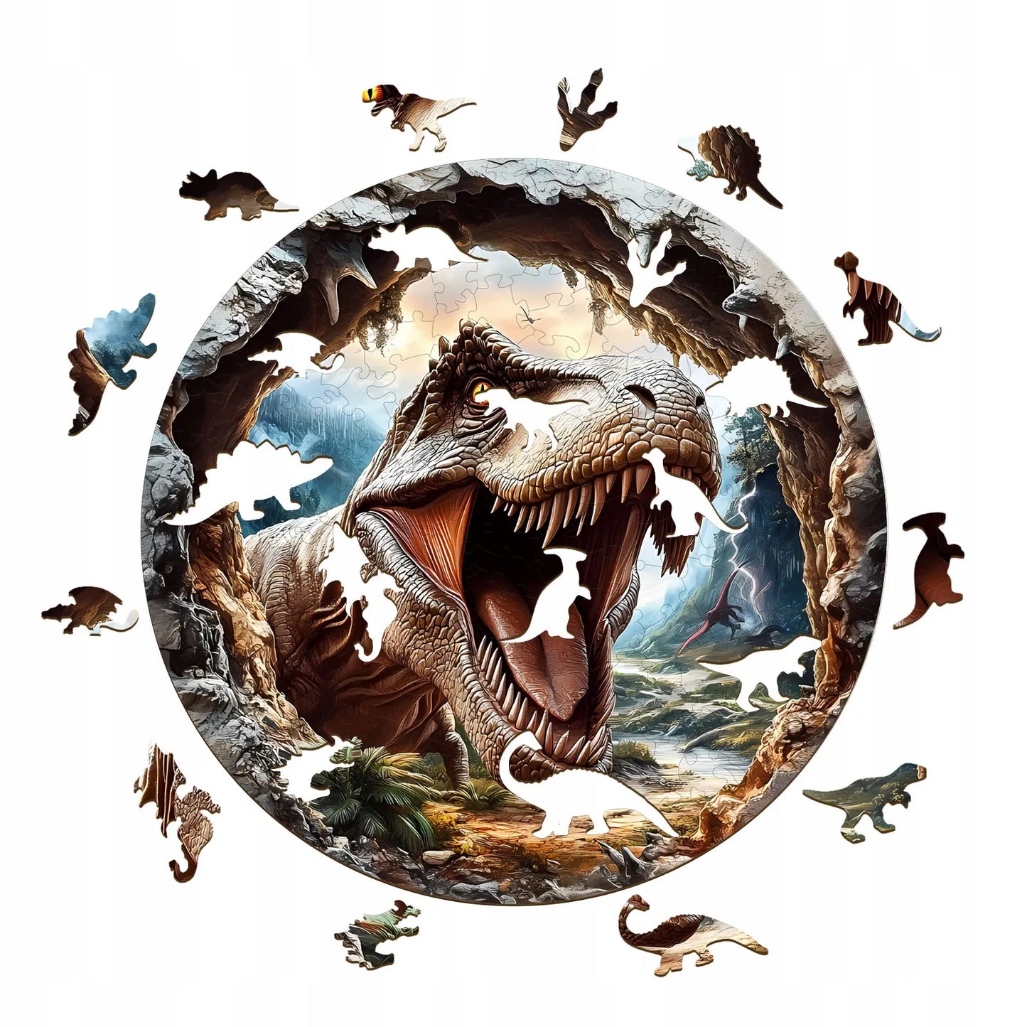DIDELĖS MEDINĖS DĖLIONĖS 290 ELEMENTŲ MEDINĖJE DĖŽUTĖJE T-REX DINOZAURAS 3D