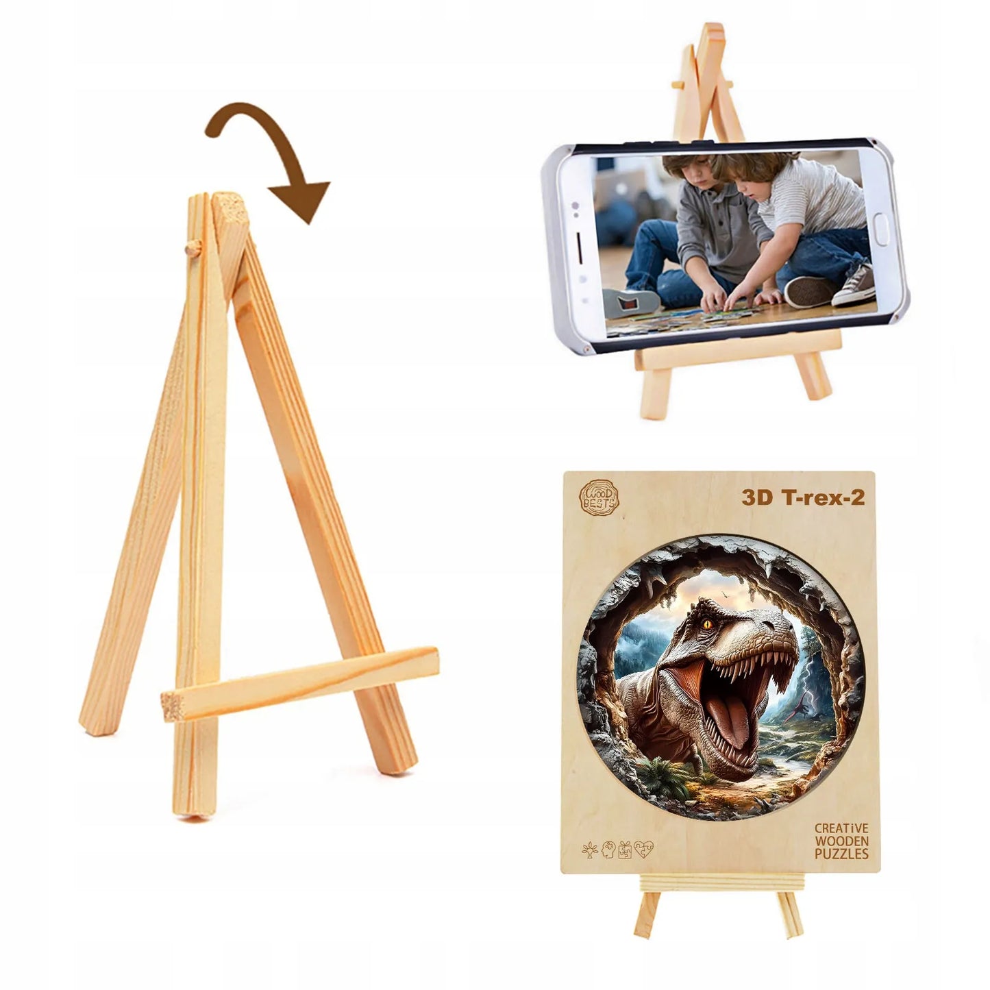 DIDELĖS MEDINĖS DĖLIONĖS 290 ELEMENTŲ MEDINĖJE DĖŽUTĖJE T-REX DINOZAURAS 3D