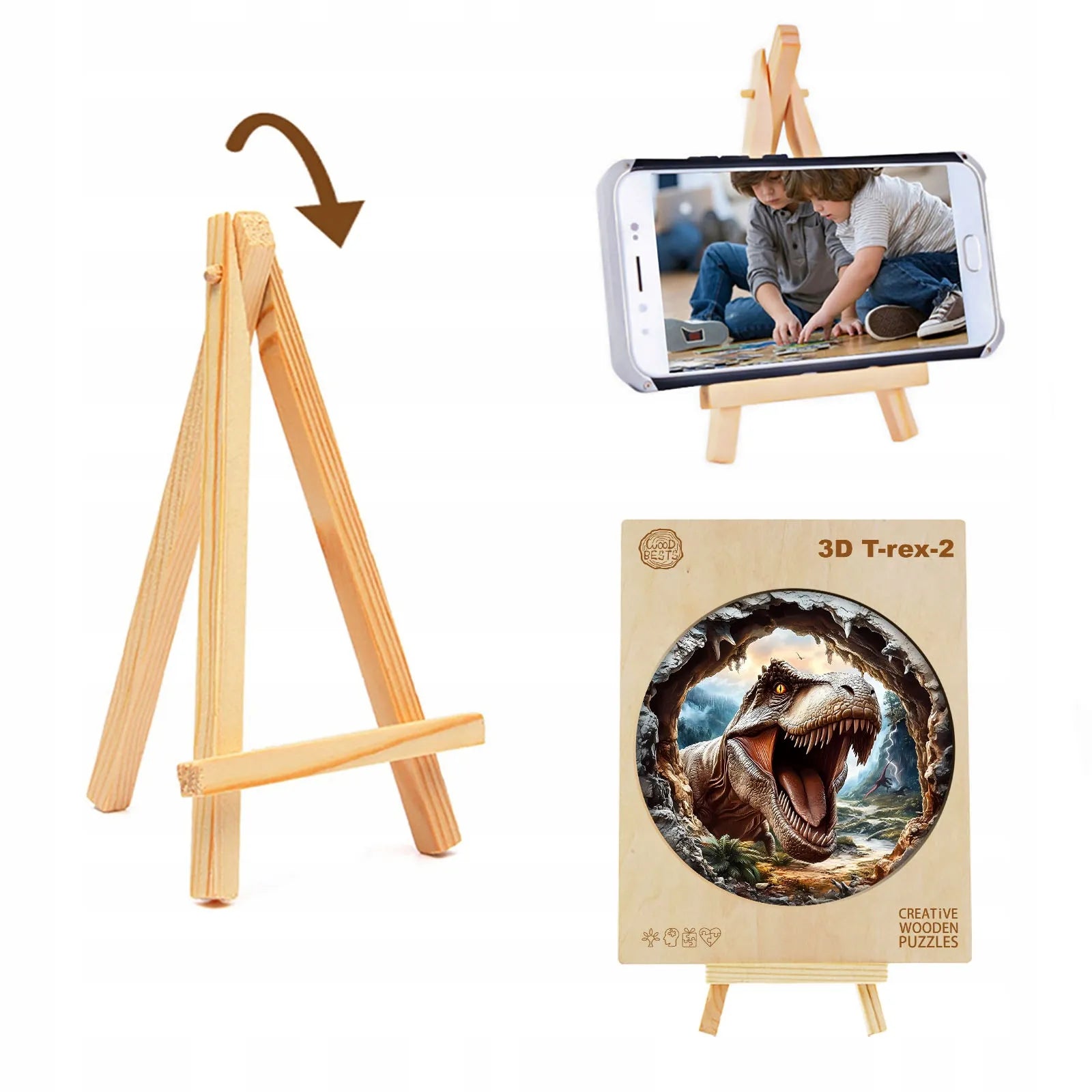 DIDELĖS MEDINĖS DĖLIONĖS 290 ELEMENTŲ MEDINĖJE DĖŽUTĖJE T-REX DINOZAURAS 3D