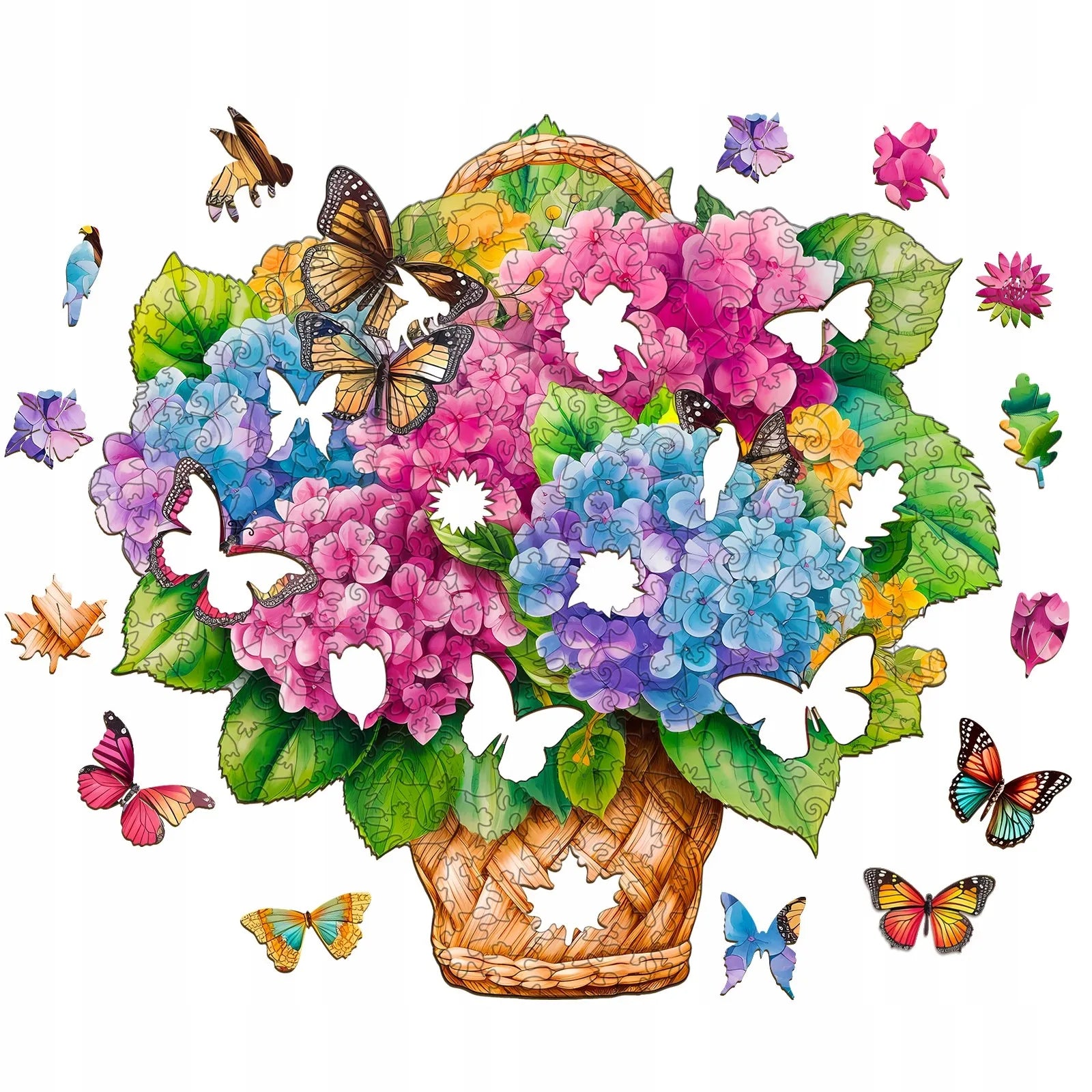 DIDELĖS MEDINĖS DĖLIONĖS, 300 DETALIŲ, GĖLIŲ KREPŠELIS IR KOLIBRIS, MEDINĖ DĖŽUTĖ
