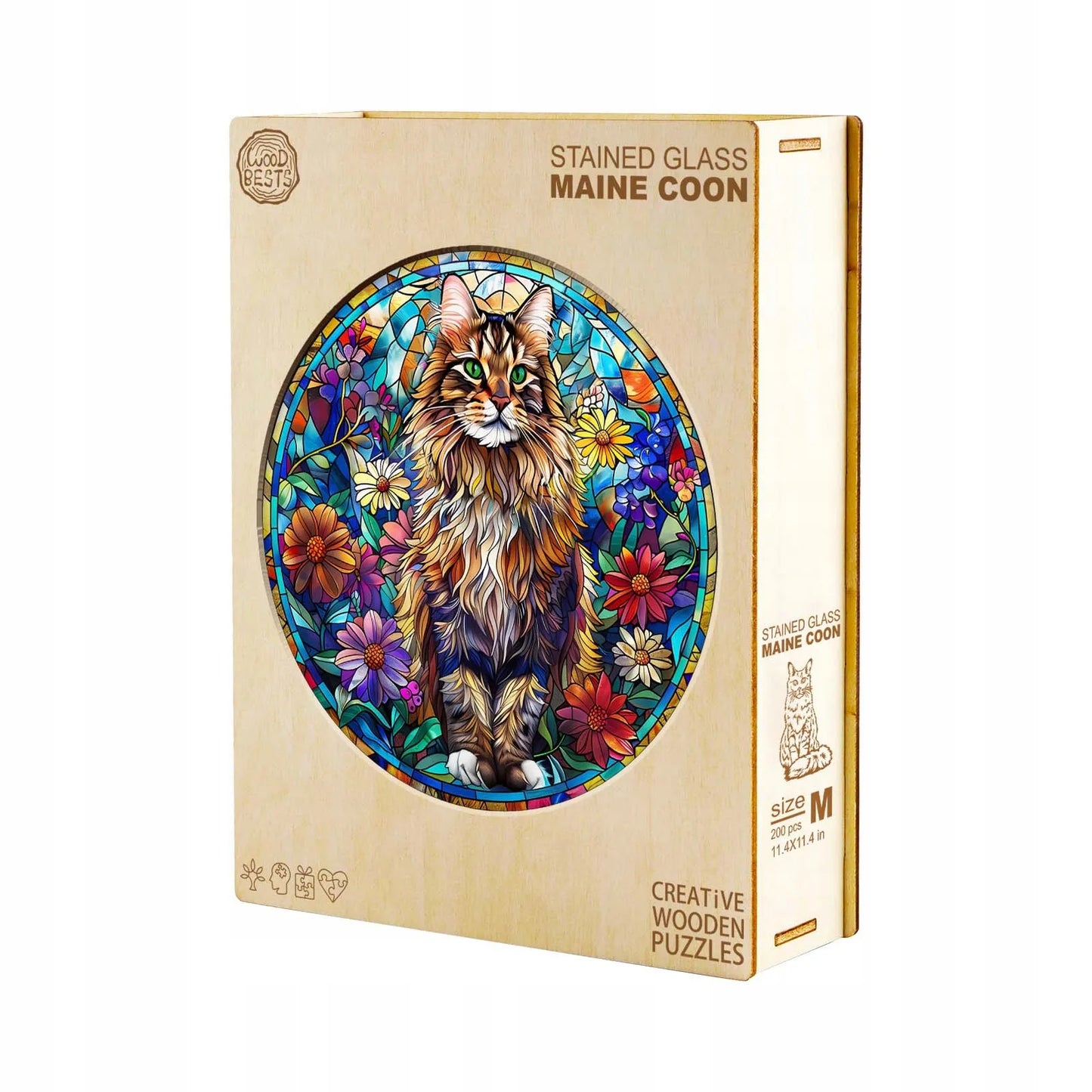 DIDELĖS MEDINĖS DĖLIONĖS 300 DETALIŲ MAINE COON VITRAŽAS MEDINĖJE DĖŽUTĖJE