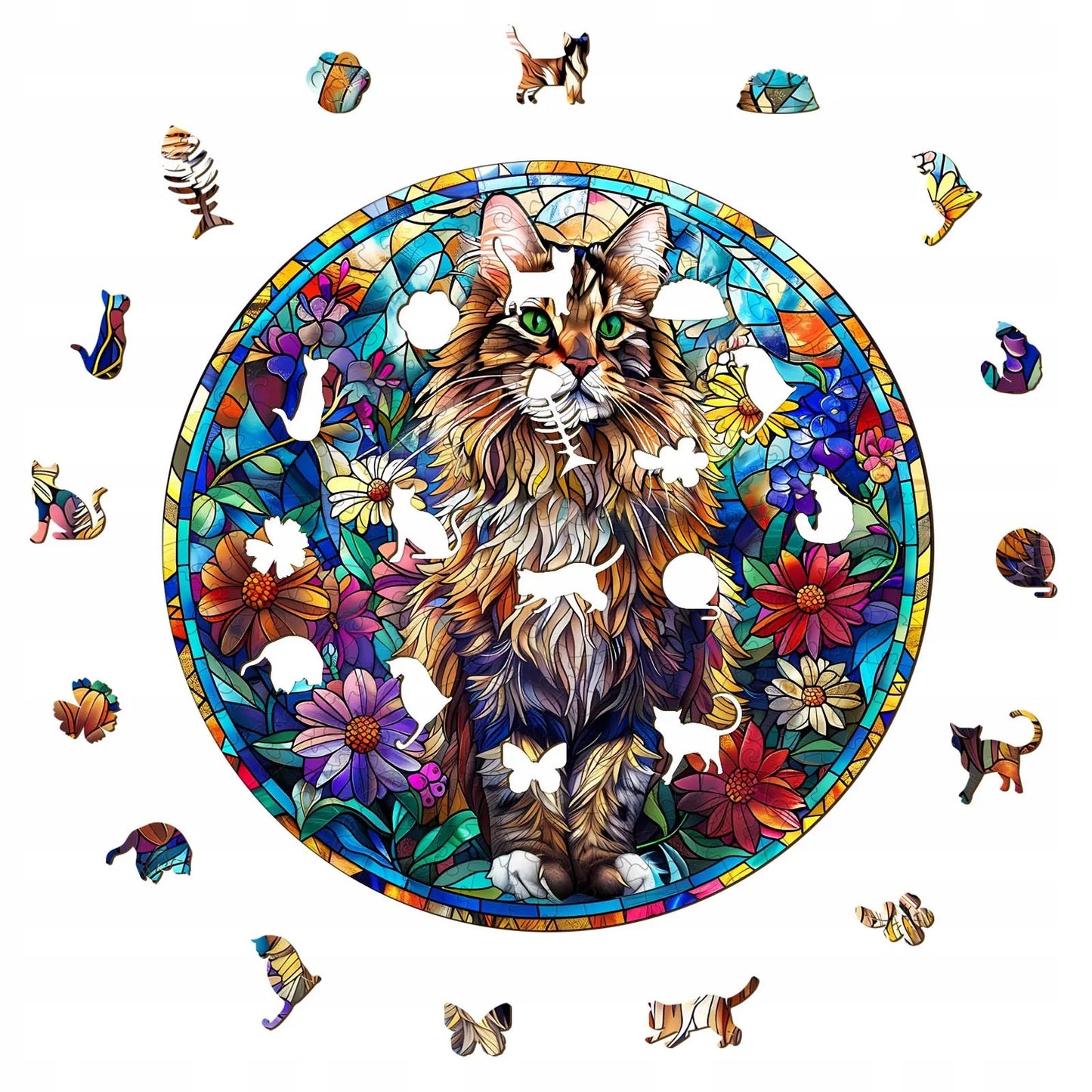 DIDELĖS MEDINĖS DĖLIONĖS 300 DETALIŲ MAINE COON VITRAŽAS MEDINĖJE DĖŽUTĖJE