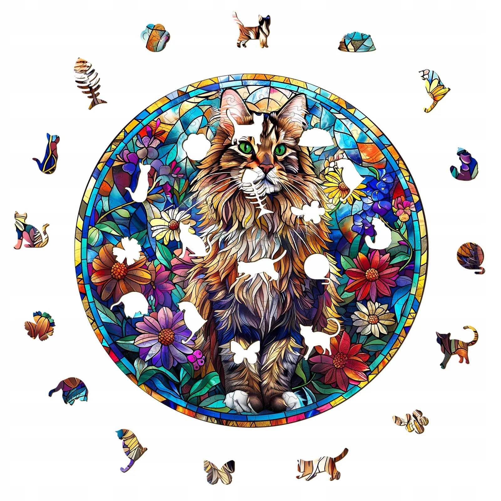 DIDELĖS MEDINĖS DĖLIONĖS 300 DETALIŲ MAINE COON VITRAŽAS MEDINĖJE DĖŽUTĖJE
